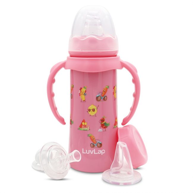 LuvLap 4 in 1 Slim Neck Steel Baby bottle cum Sipper with handle, made of  SS304 Rust free steel, BPA Free, Odour free, Anti colic Nipple, Spout, Weighted Straw & Cap, Pink, 3M+, 240 ml