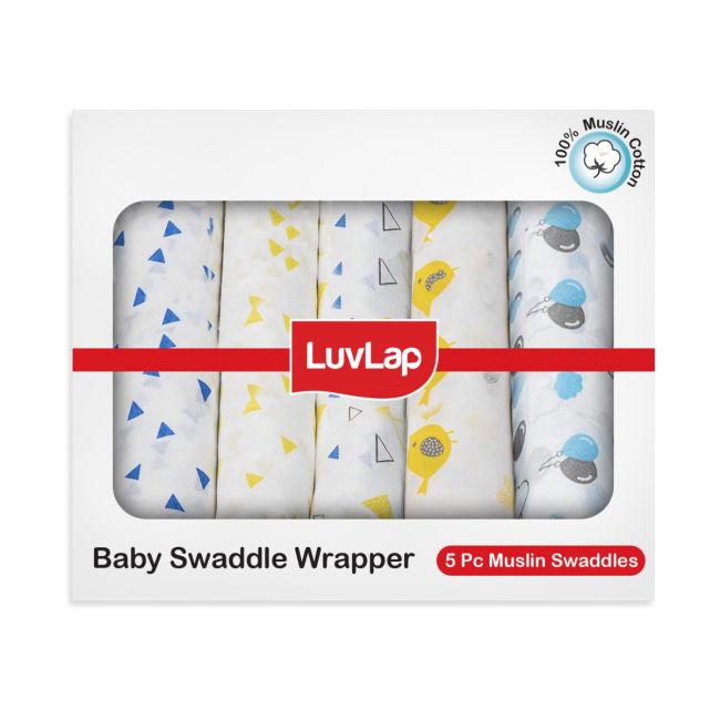 LuvLap 100% Cotton Muslin Baby Swaddles, Triangles Birds & Balloons White Print, 0-18M+, Pack of 5
