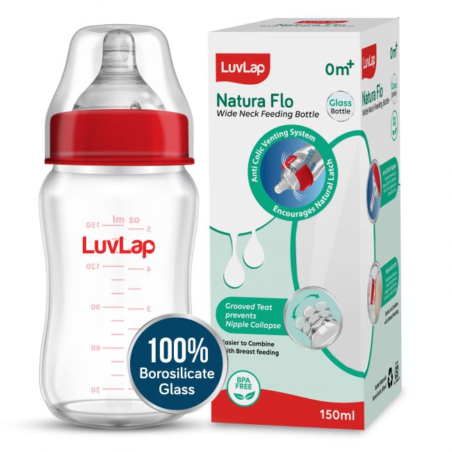 LuvLap Natura Flo Wide Neck Glass Feeding Bottle, 150Ml