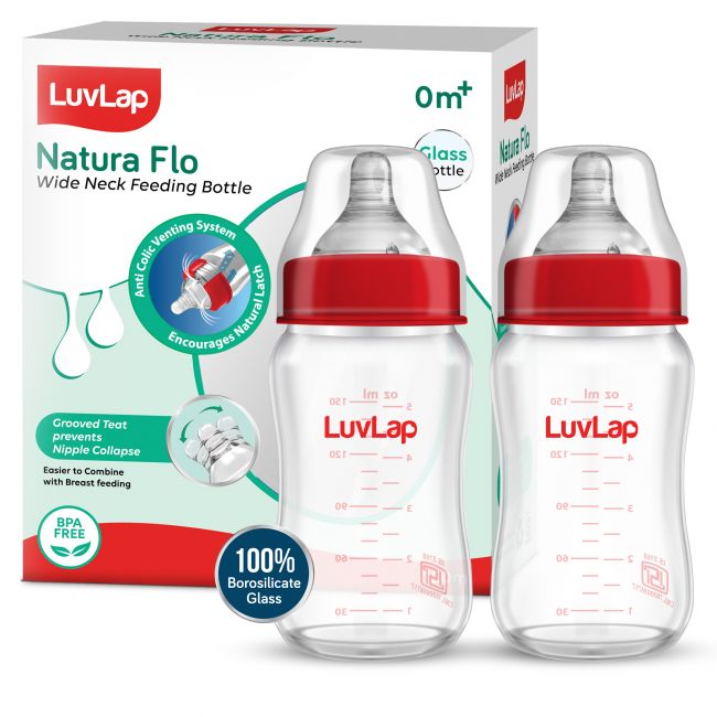 LuvLap Natura Flo Wide Neck Glass Feeding Bottle, Pack of 2, 150ml