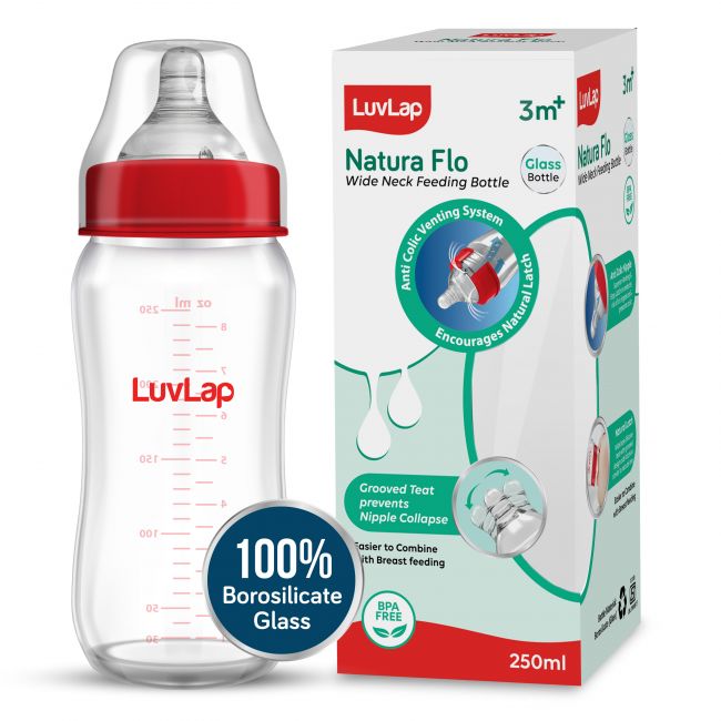 LuvLap Natura Flo Wide Neck Glass Feeding Bottle, 250Ml