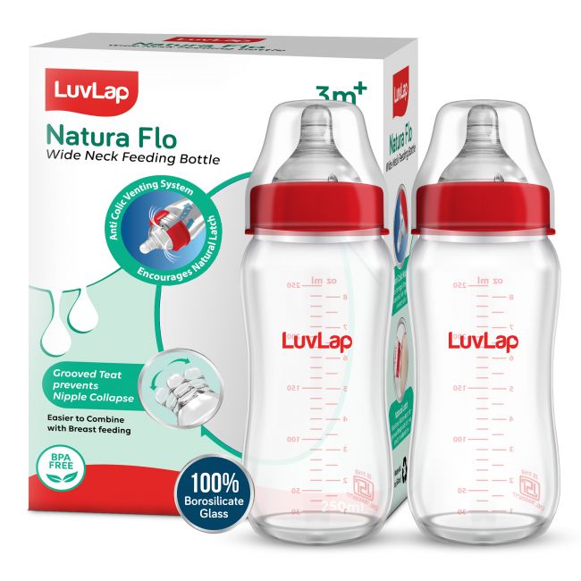 LuvLap Natura Flo Wide Neck Glass Feeding Bottle, Pack of 2, 250ml