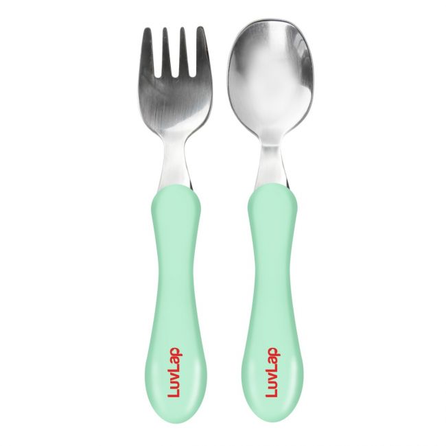 LuvLap Premium Stainless Steel Baby Spoon & Fork Set for Baby Feeding, Stainless Steel Spoon and Fork Set, Food Grade PP Spoon, BPA Free Feeding Spoon for Kids of 12+ Months (Light Green)